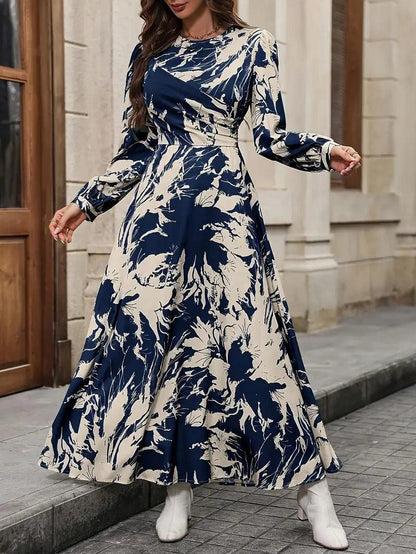 Burning Bones Allover Print Crew Neck Dress, Elegant Long Sleeve Ankle Length Dress
