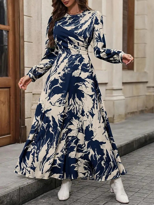 Burning Bones Allover Print Crew Neck Dress, Elegant Long Sleeve Ankle Length Dress