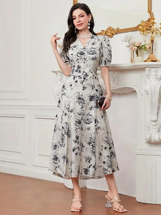 Burning Bones Cotton Fit and Flare Printed Cap Sleeve Coller-Neck Casual Maxi Dress