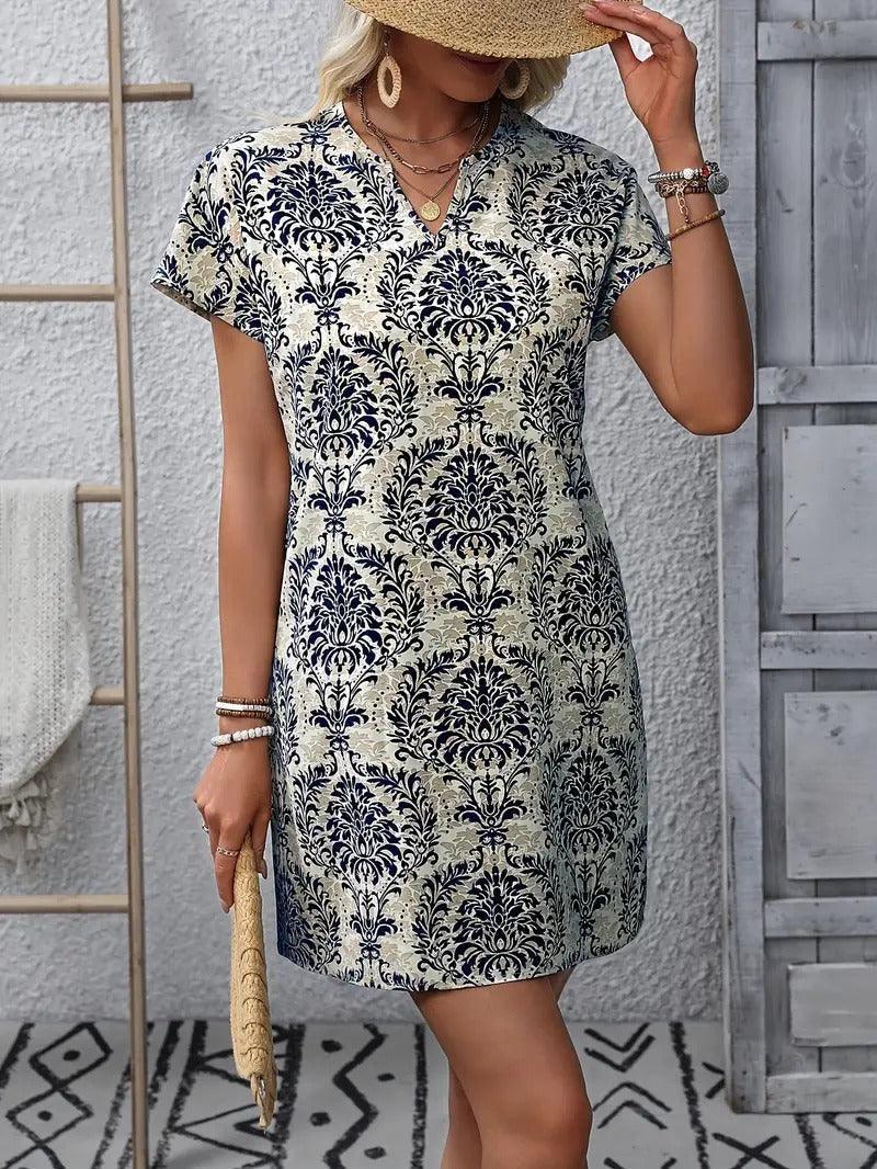 Burning Bones Ethnic Floral Print Dress, Vintage Notched Neck Short Sleeve Dress