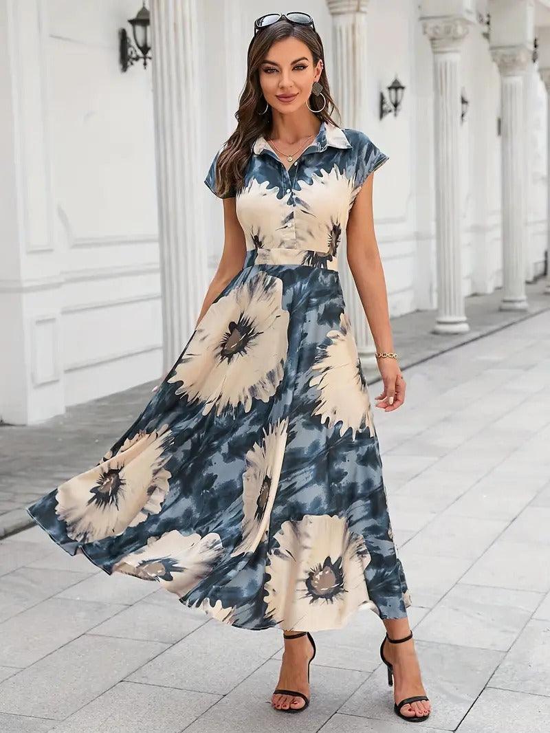 Burning Bones Cotton Fit and Flare Printed Cap Sleeve Coller-Neck Casual Maxi Dress
