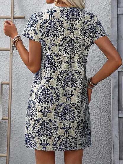 Burning Bones Ethnic Floral Print Dress, Vintage Notched Neck Short Sleeve Dress