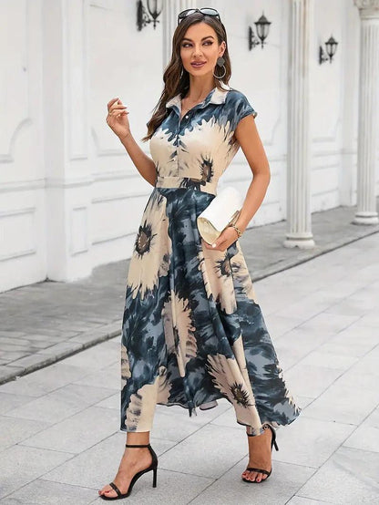 Burning Bones Cotton Fit and Flare Printed Cap Sleeve Coller-Neck Casual Maxi Dress