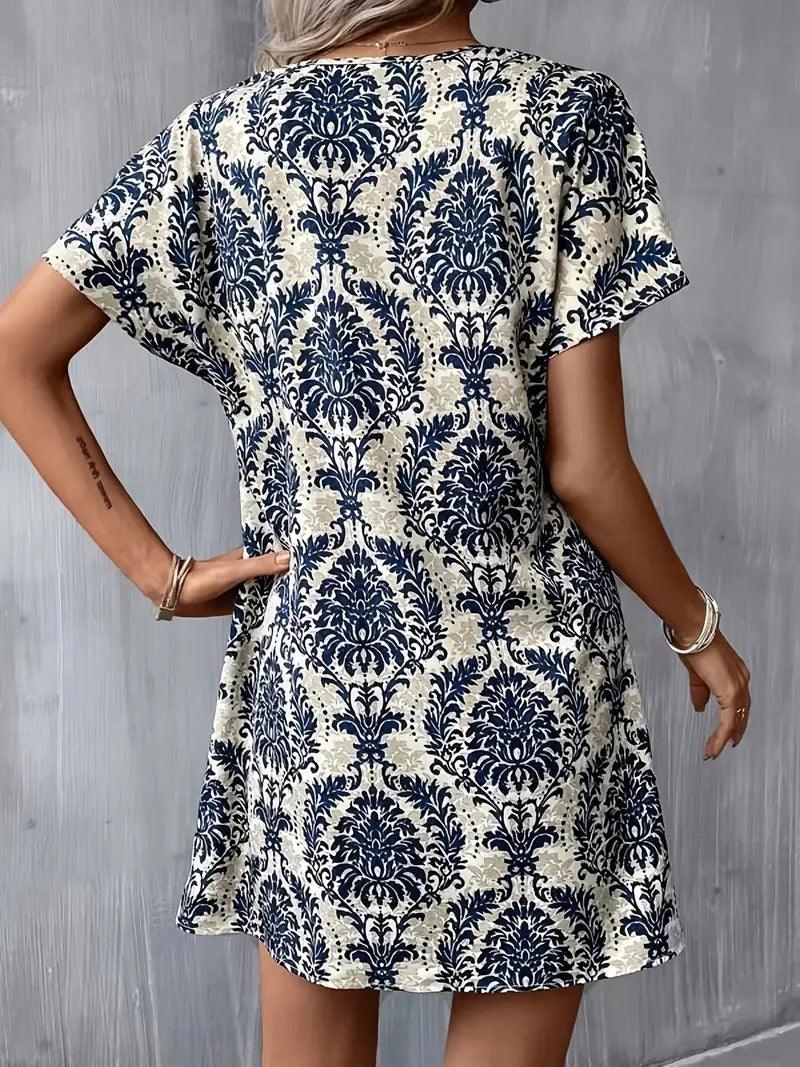 Burning Bones Ethnic Floral Print Dress, Vintage Notched Neck Short Sleeve Dress