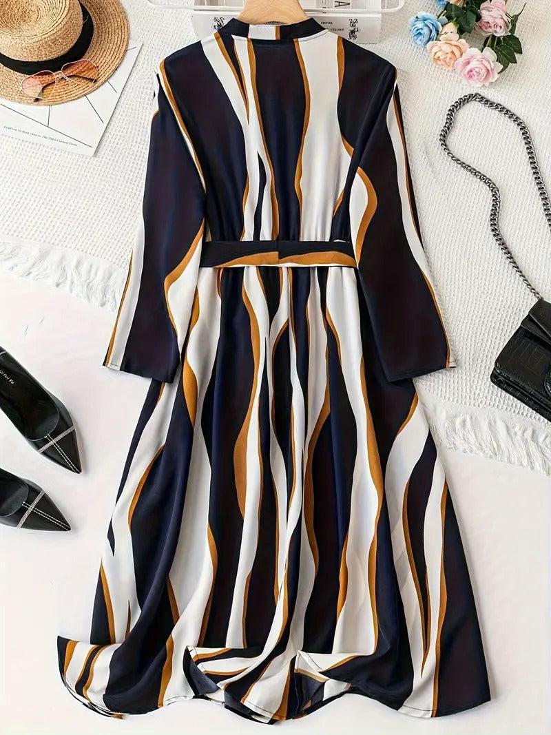 Burning Bones Abstract Print Surplice Neck Belted Dress, Casual Long Sleeve Dress