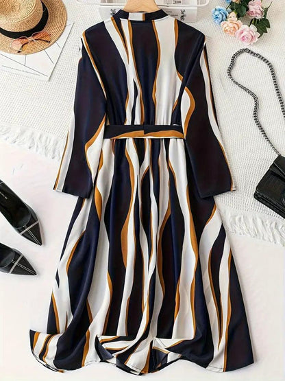 Burning Bones Abstract Print Surplice Neck Belted Dress, Casual Long Sleeve Dress